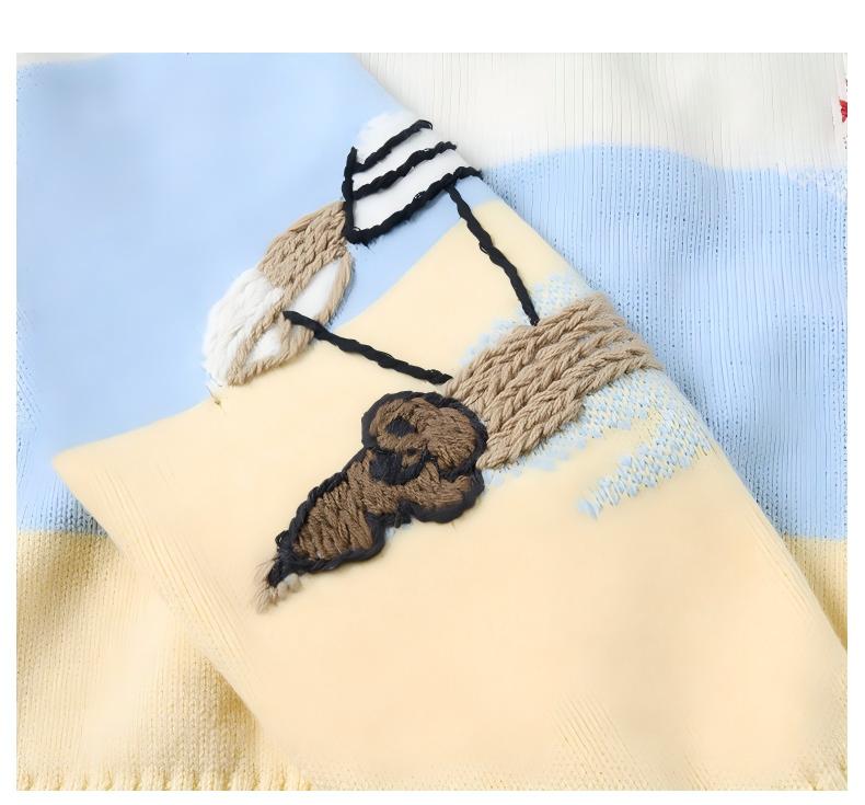Thom Browne Style Contrast Sailboat Embroidered V-Neck Cardigan