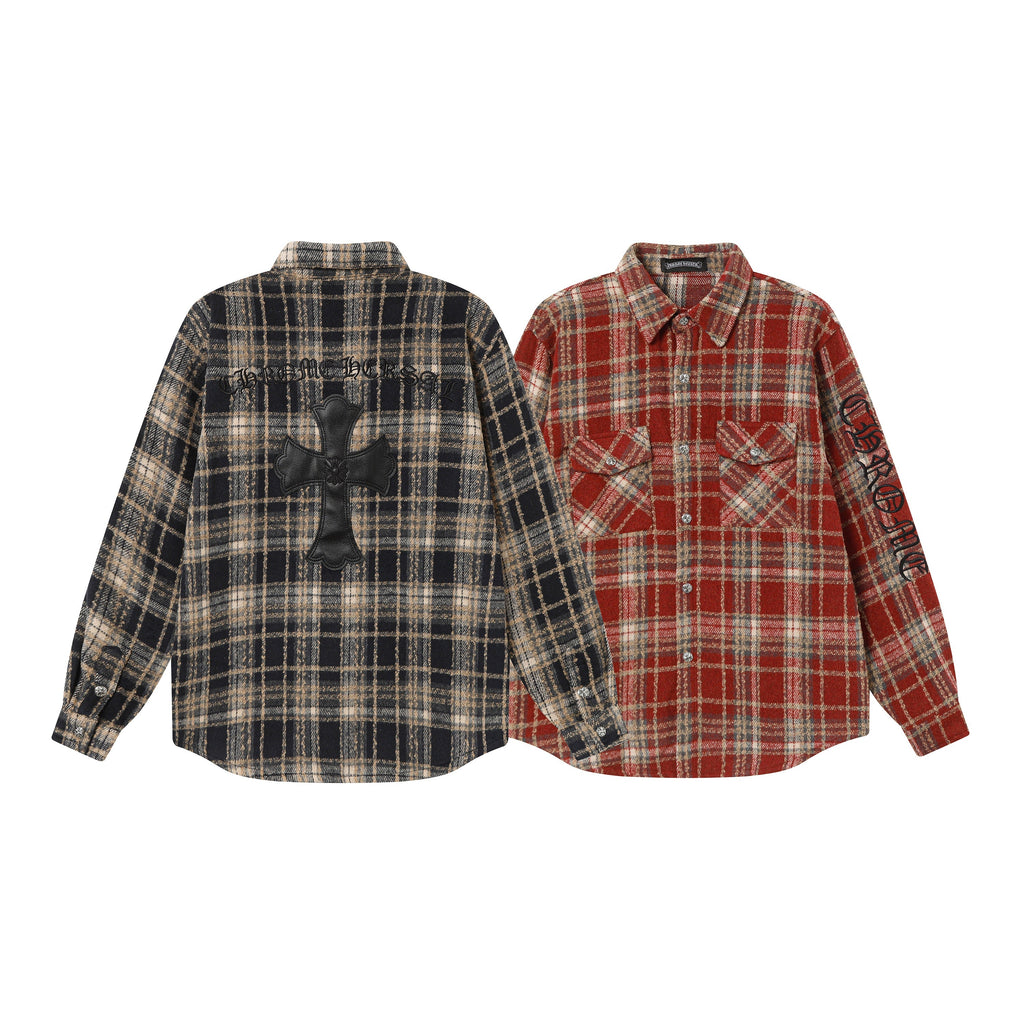 Chrome Hearts Embroidered Leather Cross Detail Flannel Shirt