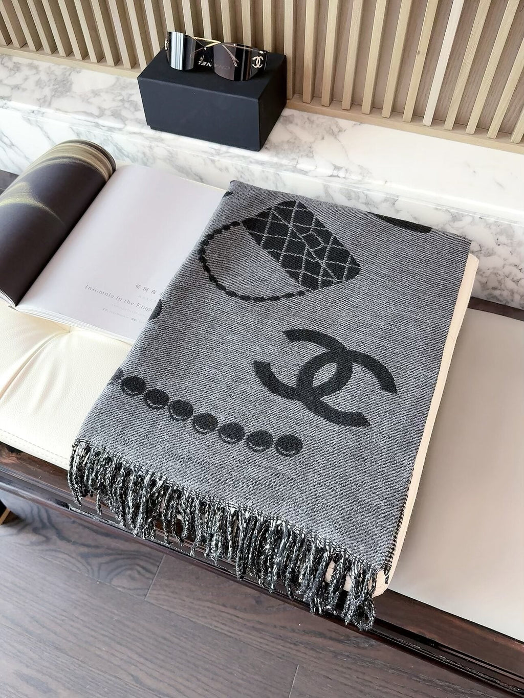 Chanel Style Jewelry Motif Fringe Scarf