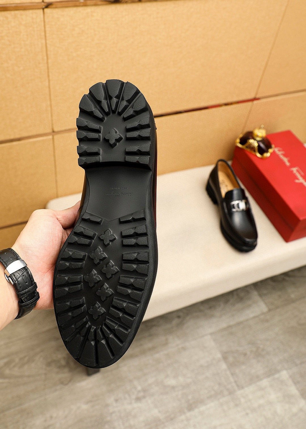 Ferragamo Black Textured Buckle Loafers