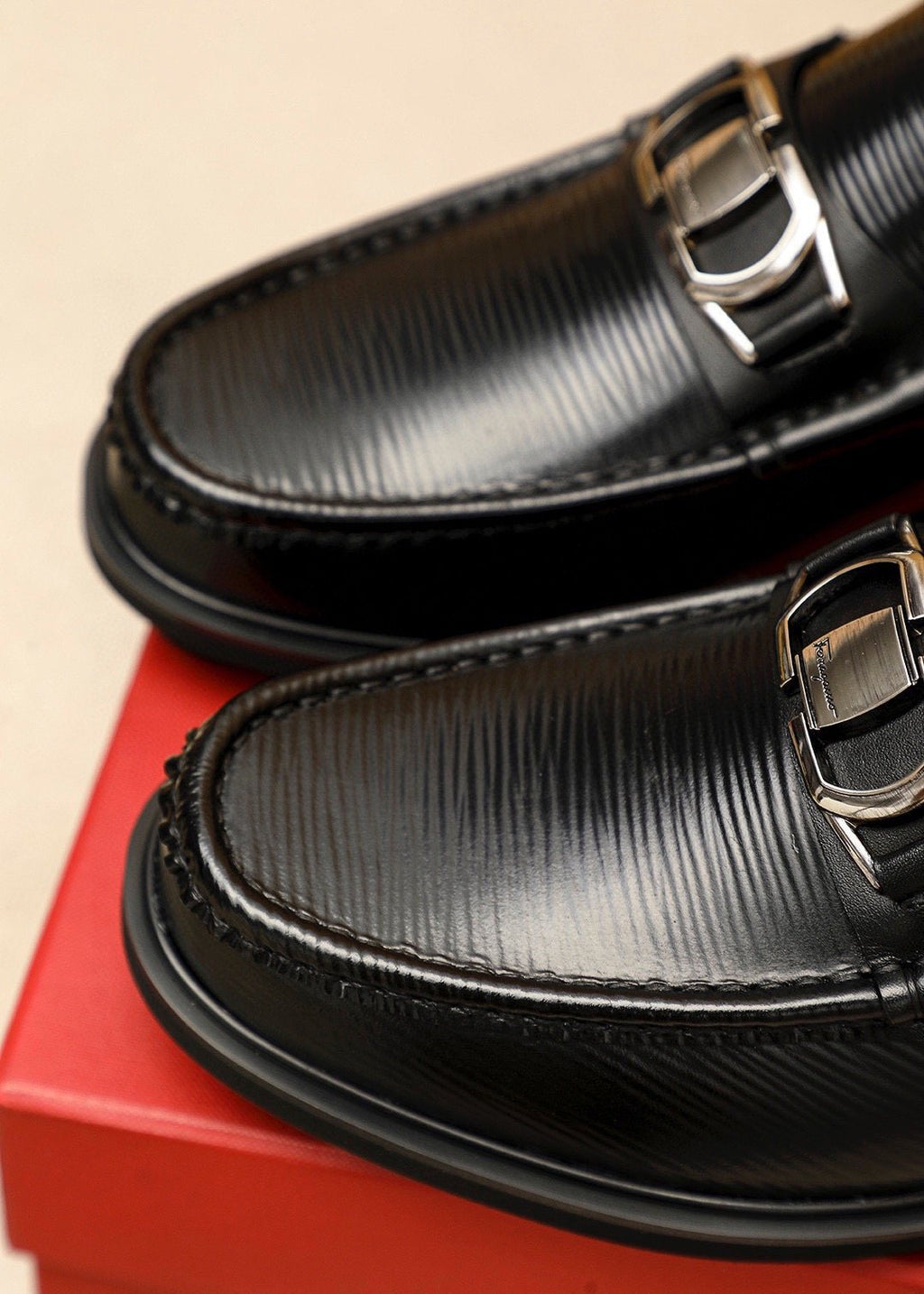 Ferragamo Black Textured Buckle Loafers