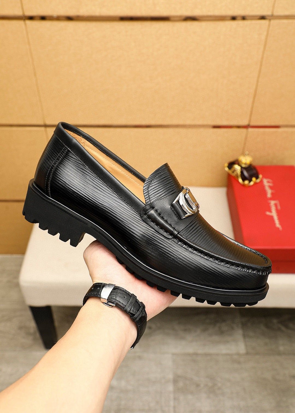 Ferragamo Black Textured Buckle Loafers