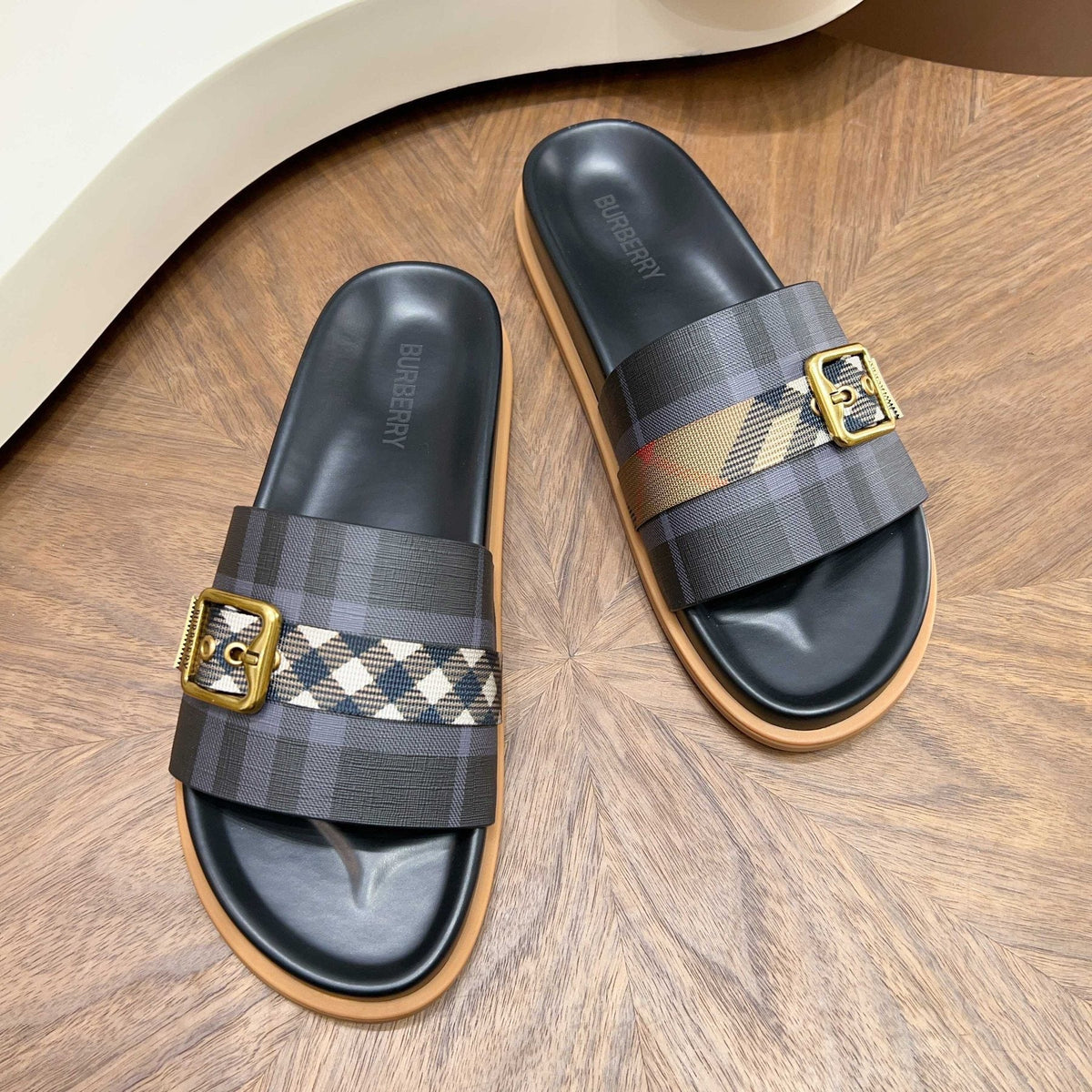 Plaid Buckle Slide Sandals
