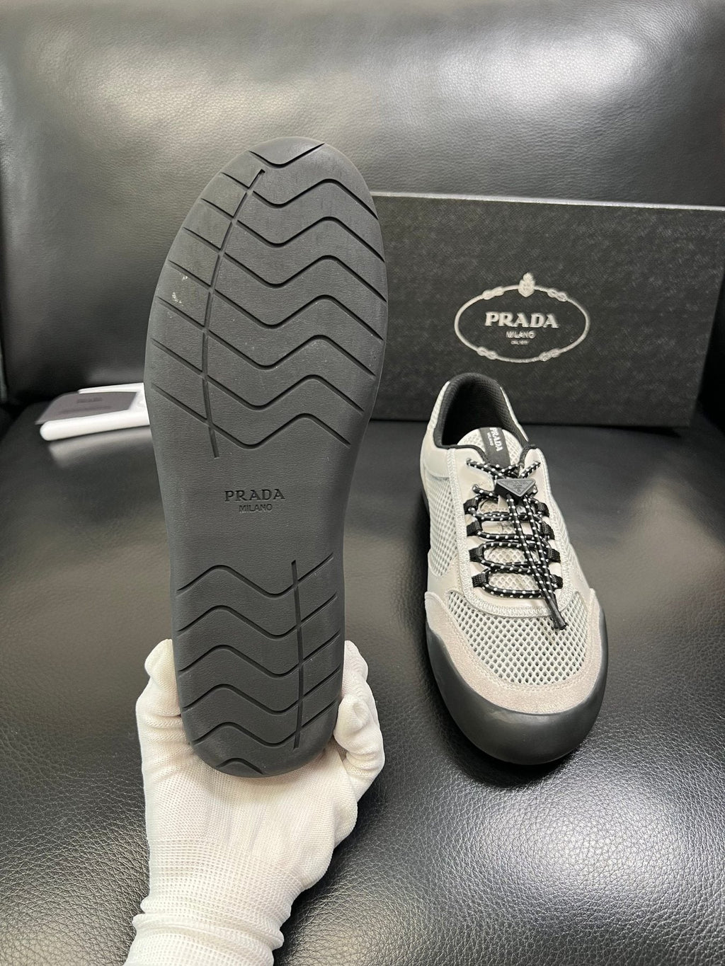 Prada White, Gray & Black Low-Top Sneakers