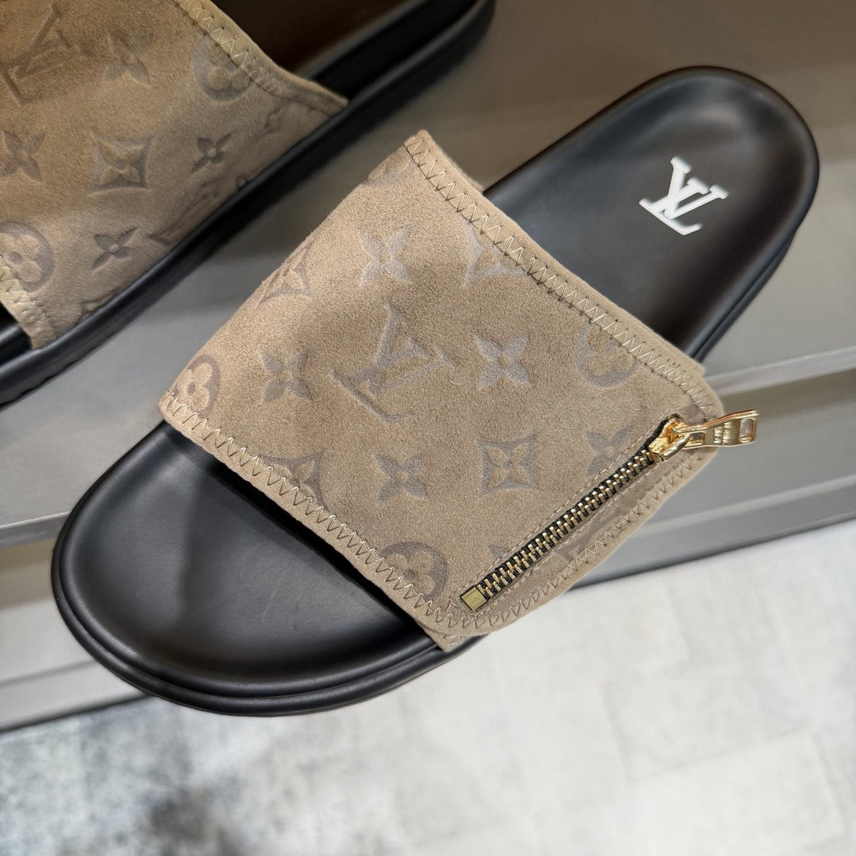 Louis Vuitton Beige and Black Slide Sandals